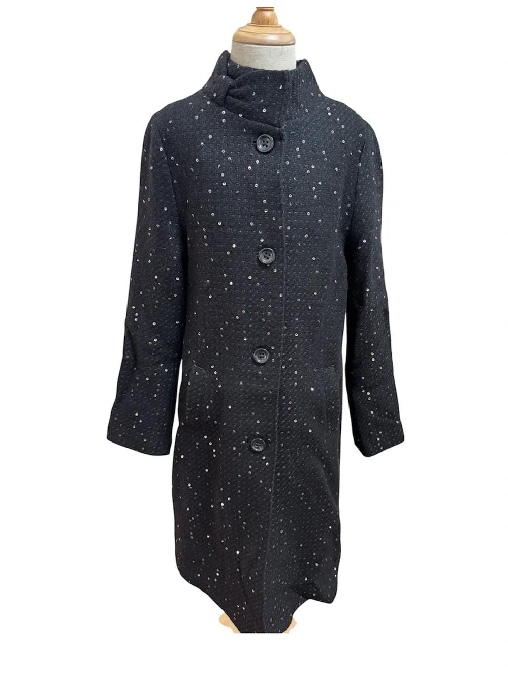 ✨Gymboree Dressy Sequin Embellished Long Tweed Black Coat Bow Detail, Buttons
